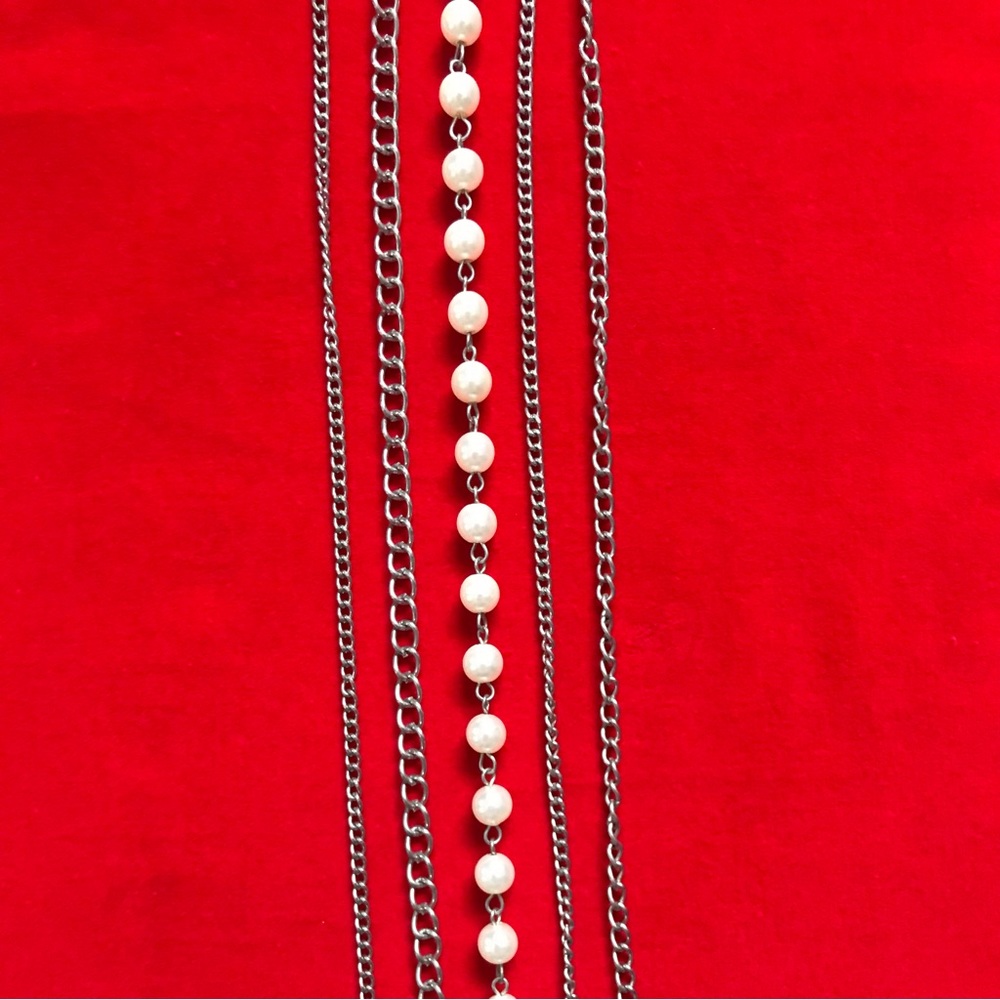 Cuban Link Convertible Layered Row Drape Curb Pave Pearl Silver Chain Necklace - Picture 5 of 6